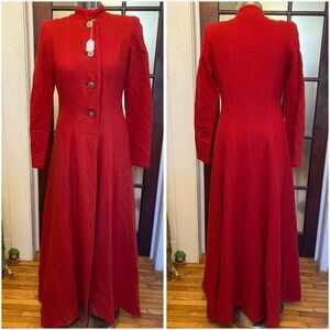 1930s 1940s WWII Era Red Wool Maxi Coat Princess Seams Pewter Buttons